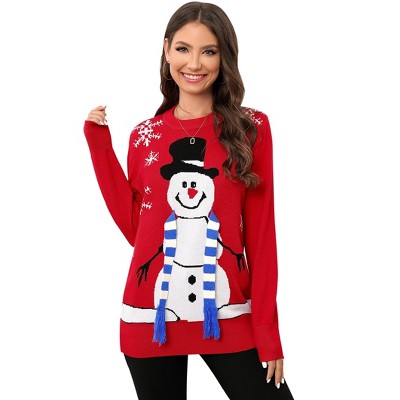 BLUEMING Women's Christmas Sweater Snowman Print Knit Crewneck  Winter Pullover