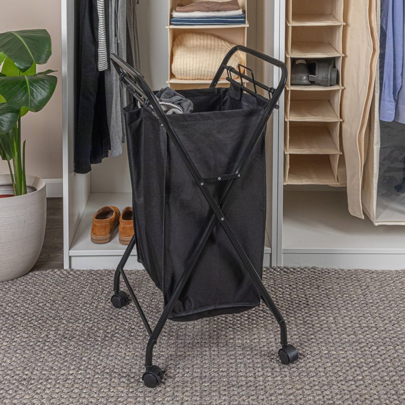 Household Essentials Rolling Laundry Hamper Heavy Duty Canvas Bag 2 Load Capacity Foldable Frame Black Bag, 3 of 13