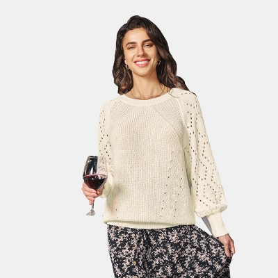 Women's Round Neck Perforated Blouson Sleeve Sweater - Cupshe