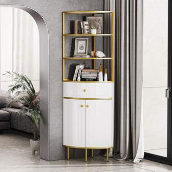 74.8" Tall Modern Corner Bookshelf,Fan-Shaped bookcase with 1 Drawer and 2 Doors ,Wooden Standing Corner Shelf with Gold Metal Frame- Maison Boucle