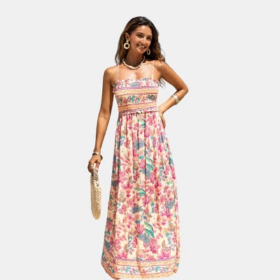 Women's Vibrant Floral Print Maxi Dress with Smocked Bodice - Cupshe