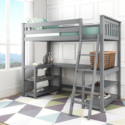 Max & Lily Twin Loft Bed, Solid Wood Loft Bed with Desk and Storage Shelves for Kids