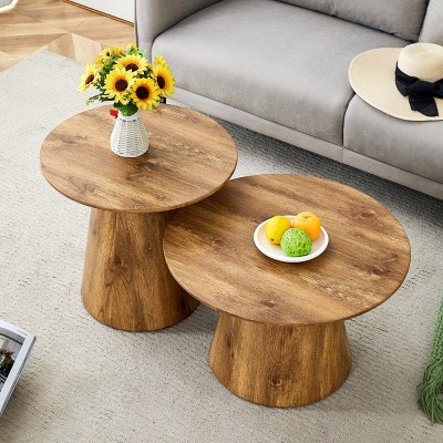 Wooden Round Tabletop Coffee Table Set Of 2,Table With Wood Grain Texture And Wood Base,Adjustable Feet,MDF Coffee Table-Coolbibila