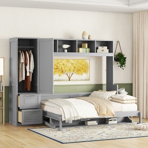 KWPZQEB Queen Size Murphy Bed, Wall Bed w/ Drawers & Open Shelves, Wood Murphy Wall Bed with Closet, Folding Murphy Cube Cabinet Bed for Small Spaces - 1 of 4