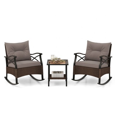 Tangkula 3 Pieces Outdoor Rocking Chairs Set Rattan Heavy Duty Cushioned Rocker Chairs with 2-Tier Tempered Glass Coffee Table