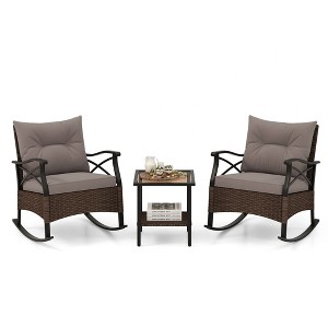 Tangkula 3 Pieces Outdoor Rocking Chairs Set Rattan Heavy Duty Cushioned Rocker Chairs with 2-Tier Tempered Glass Coffee Table - 1 of 4