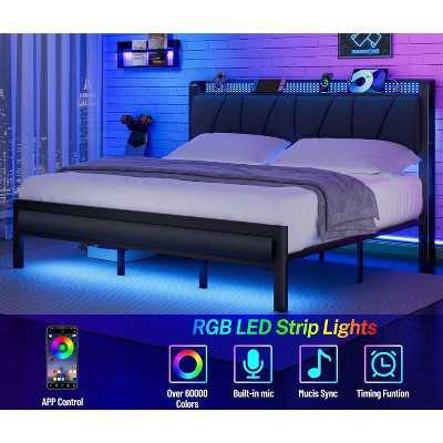 Furnulem King Bed Frame with Headboard and LED Light Upholstered Platform with Power Outlet and USB Port Bed with Metal Support and Footboard