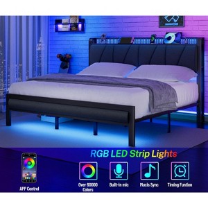 Furnulem King Bed Frame with Headboard and LED Light Upholstered Platform with Power Outlet and USB Port Bed with Metal Support and Footboard - 1 of 4