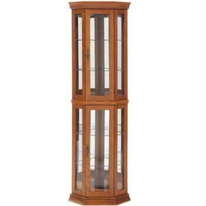 Lighted Corner Curio Cabinet - Glass Display Shelf with Tempered Glass Doors, Adjustable Shelving- Ideal Bar Cabinet for Home Decor-OAK - 1 of 4