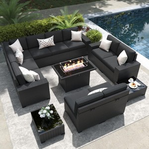 LayinSun 13 Pieces Outdoor Patio Furniture Set with 44" Fire Pit Table Rattan Sectional Sofa Conversation Sets - 1 of 4
