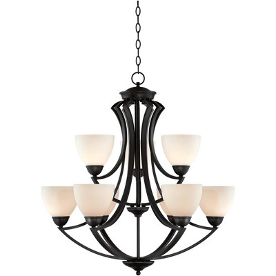 Possini Euro Design Dark Bronze Chandelier 30" Wide Two Tier White Frosted Glass 9-Light Fixture Dining Room House Foyer Kitchen