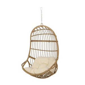 Christopher Knight Home Crumpton Wicker Outdoor Hanging Basket Chair with Cushions Light Brown/Beige - 1 of 4