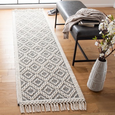 Ivory and Black Geometric Wool Runner Rug, 2'3" x 9'