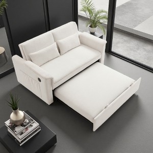 55" Velvet 2-Seater Pull-Out Sofa Bed with USB & Side Pockets - 1 of 4