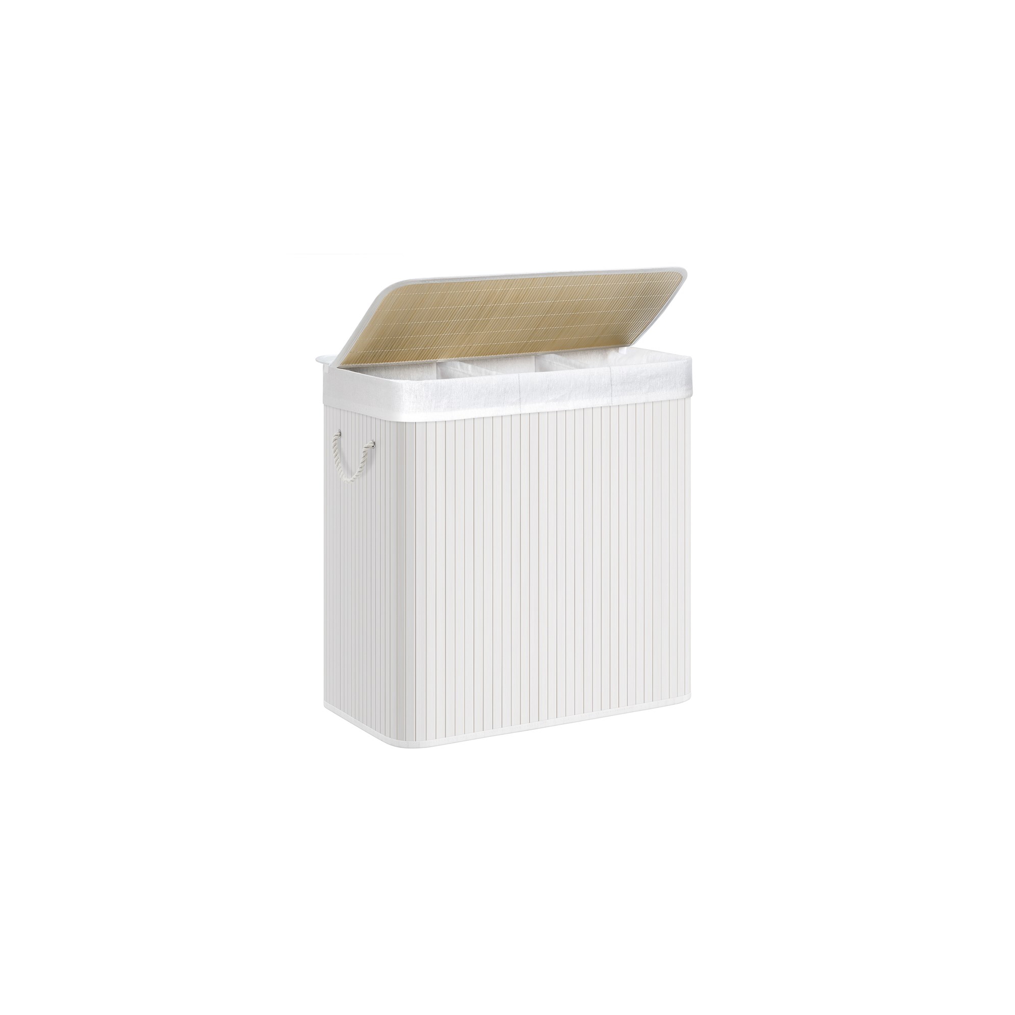 SONGMICS Laundry Hamper, 3-Section Laundry Basket, Laundry Hamper with Lid, Bamboo, Foldable, Removable and Machine Washable Liner, White