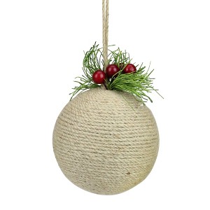 Napco 5.5" Burlap Holly Berries Christmas Ball Ornament - Beige/Green - 1 of 3
