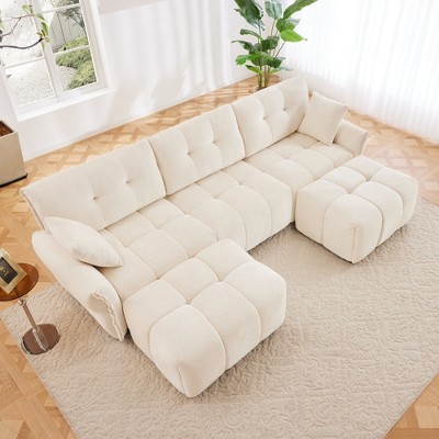 DOMETOUR 3 Seater Sofa Set with Ottoman & Pillows, Solid Wood Frame, Textured Chenille Fabric, for Living Room, Lounge, Office, White