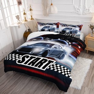 Acoinel Race Car Quilt Bed Set with 1 Comforter 2 Pillowcases, for Boys Bedroom - 1 of 4