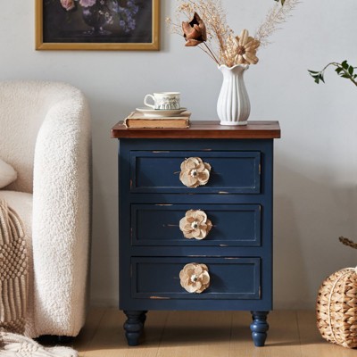 CAVINAS 19" Farmhouse Nightstand with Floral Knobs,Rustic Bedside Table with 3 Drawers & Gourd Legs for Bedroom