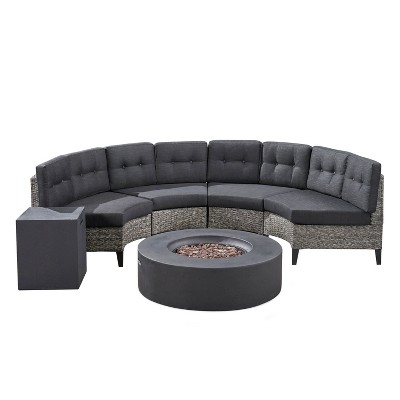 Christopher Knight Home Navagio Outdoor Wicker 4 Seater Half Round Sofa Set with Fire Pit