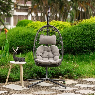Swing Patio Egg Chair With UV Resistant Cushion,Wicker Hanging Egg Chair With Stand,Hammock Chair With Aluminum Frame  ﻿ -Maison Boucle