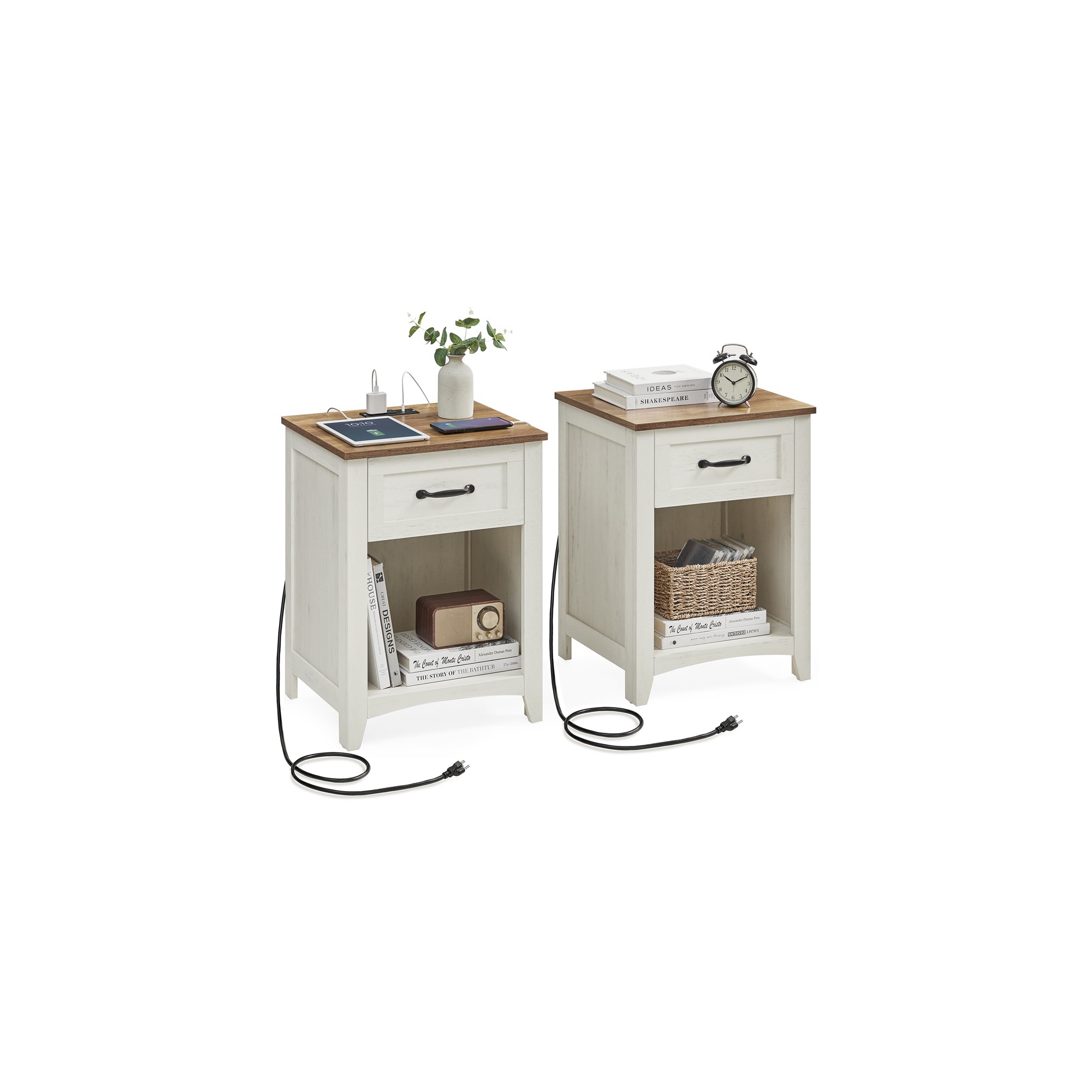 VASAGLE Farmhouse 2 Nightstands with Charging Station, Side Tables with Storage Rustic White and Honey Brown