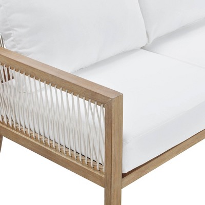 Freya Light Brown Acacia Wood Patio Loveseat with White Cushions