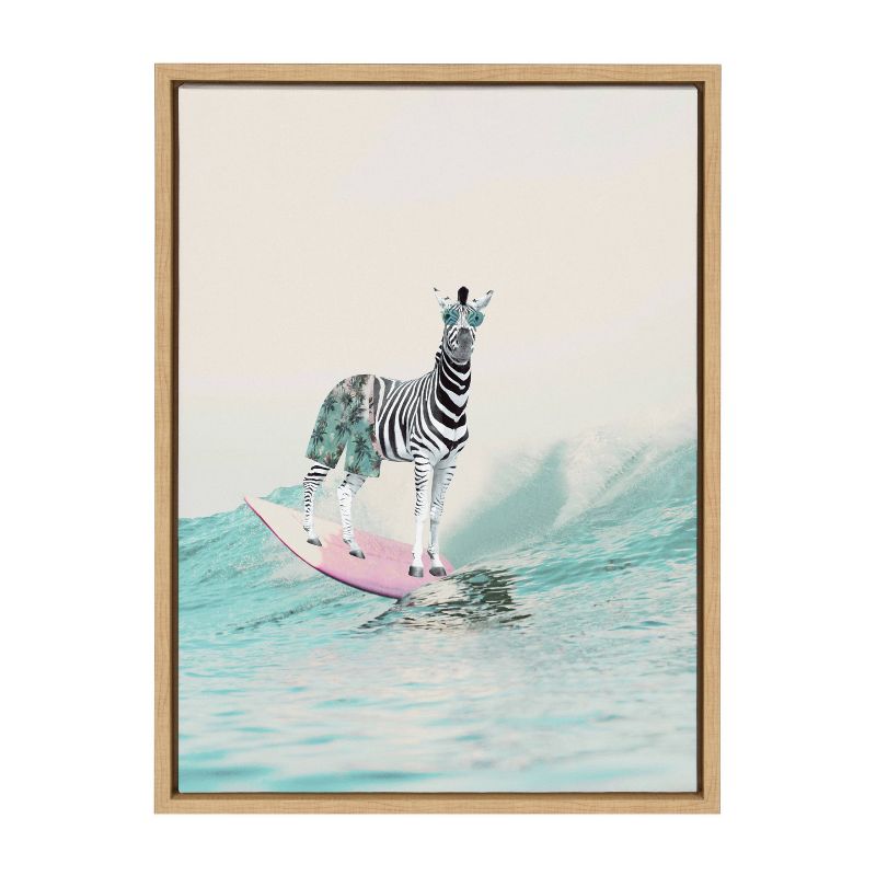 Kate &#38; Laurel All Things Decor 18&#34;x24&#34; Sylvie Zebra Surfer Framed Canvas Wall Art by July Art Prints Natural Modern Zoo Animal Ocean, 1 of 6