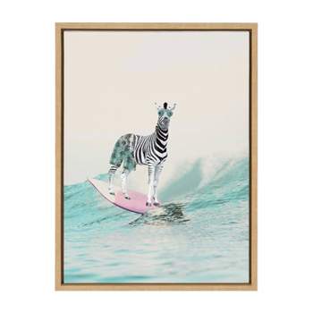 Kate & Laurel All Things Decor 18"x24" Sylvie Zebra Surfer Framed Canvas Wall Art by July Art Prints Natural Modern Zoo Animal Ocean
