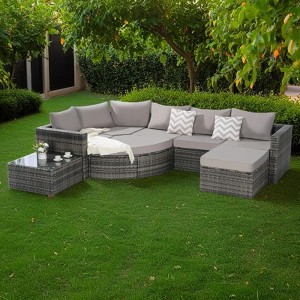 8-Piece Outdoor Patio Rattan Modular Sectional Sofa Set with Tempered Glass Coffee Table - 1 of 4
