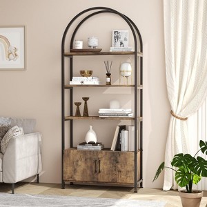 Homhougo 4 Tier Bookshelf, Arched Bookcase with Doors Storage, 71.5" Tall Industrial Book Shelf with Sturdy Metal Frame and Quality Boards, Brown - 1 of 4