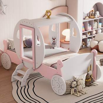 Twin size Princess Carriage Bed with Crown, Wood Platform Car Bed with Stair-ModernLuxe