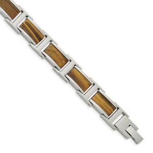 Black Bow Jewelry Men's 11mm Stainless Steel & Brown Tiger's Eye Link Bracelet, 8.5 Inch - 1 of 4