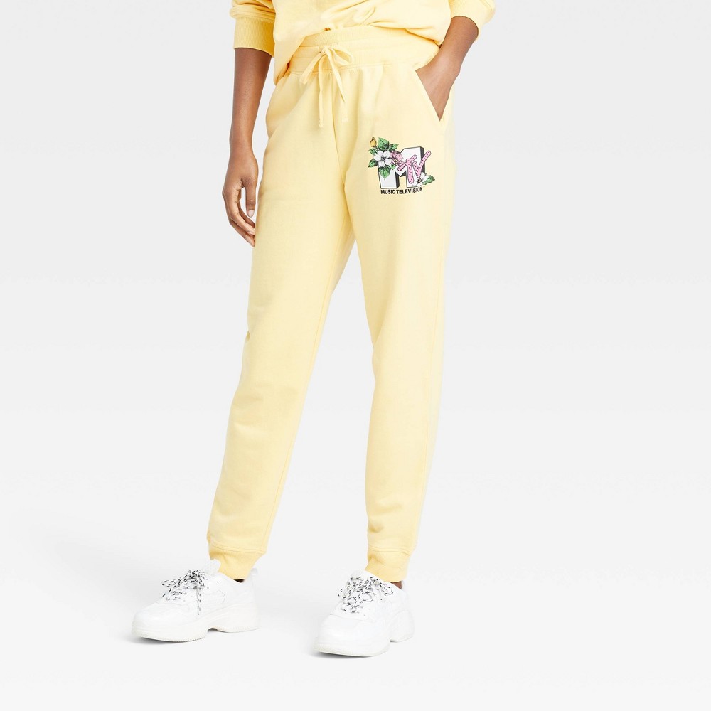 Women's MTV Floral Print Logo Graphic Jogger Pants - Yellow L