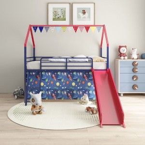 Okak Twin Size Metal House Loft Bed with Slide & Curtain Set & Star Stickers,Contemporary Bed Frame for Bedroom,Kids Room - 1 of 4