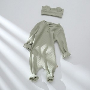 MyKids-Usa Baby Solid Color Pit Strip Graphic Long Sleeves Soft Cotton Romper Jumpsuit With Headband - 1 of 4