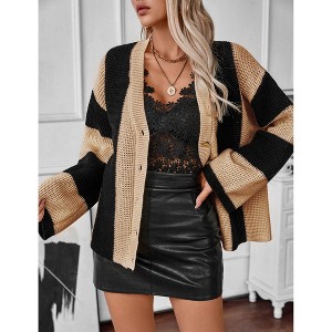 Women's Colorblock Lightweight Cardigan Sweaters Button Down Bell Sleeve Knit Outerwear - 1 of 4