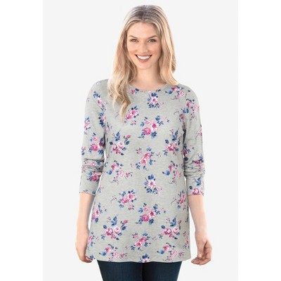 Woman Within Plus Size Perfect Printed Long-Sleeve Crewneck Tee