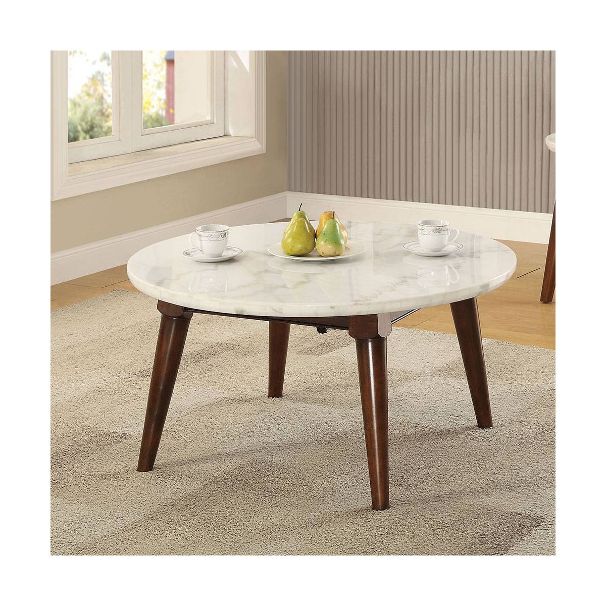 36" Gasha Coffee Table-White Marble Top & Walnut - Acme Furniture: Mid-Century Modern, Round, Wood Legs, No Tools Assembly - thumbnail 2