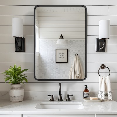 Wooakway Recessed or Wall Mount Medicine Cabinet 16 x 24 Inch Bathroom Mirror Cabinet with HD Mirror, Black
