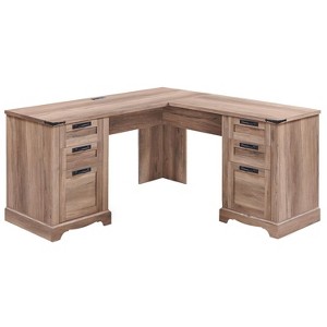 L Shaped Desk with Drawers, 60in Wide Farmhouse Executive Office Desk with Charging Station, Home Corner Desk with File Drawer - 1 of 4
