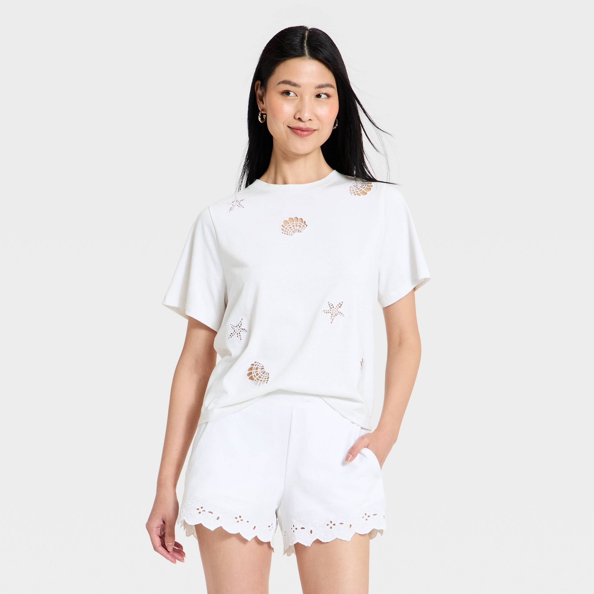 Women's Short Sleeve Round Neck Crochet T-Shirt - A New Day™ White