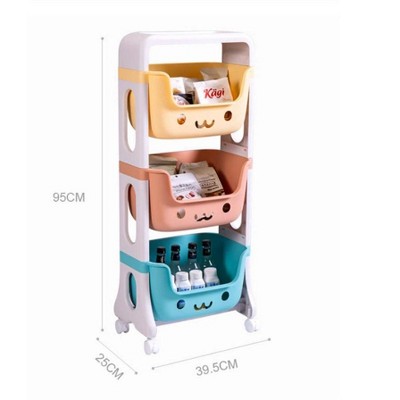 Kids Toy Storage Box Stackable Organizer with Wheels 3-Tier Rolling Cart Playroom Decor Doll Activity Rack Shelf Plastic Bins for Boys, Girls, Nursery