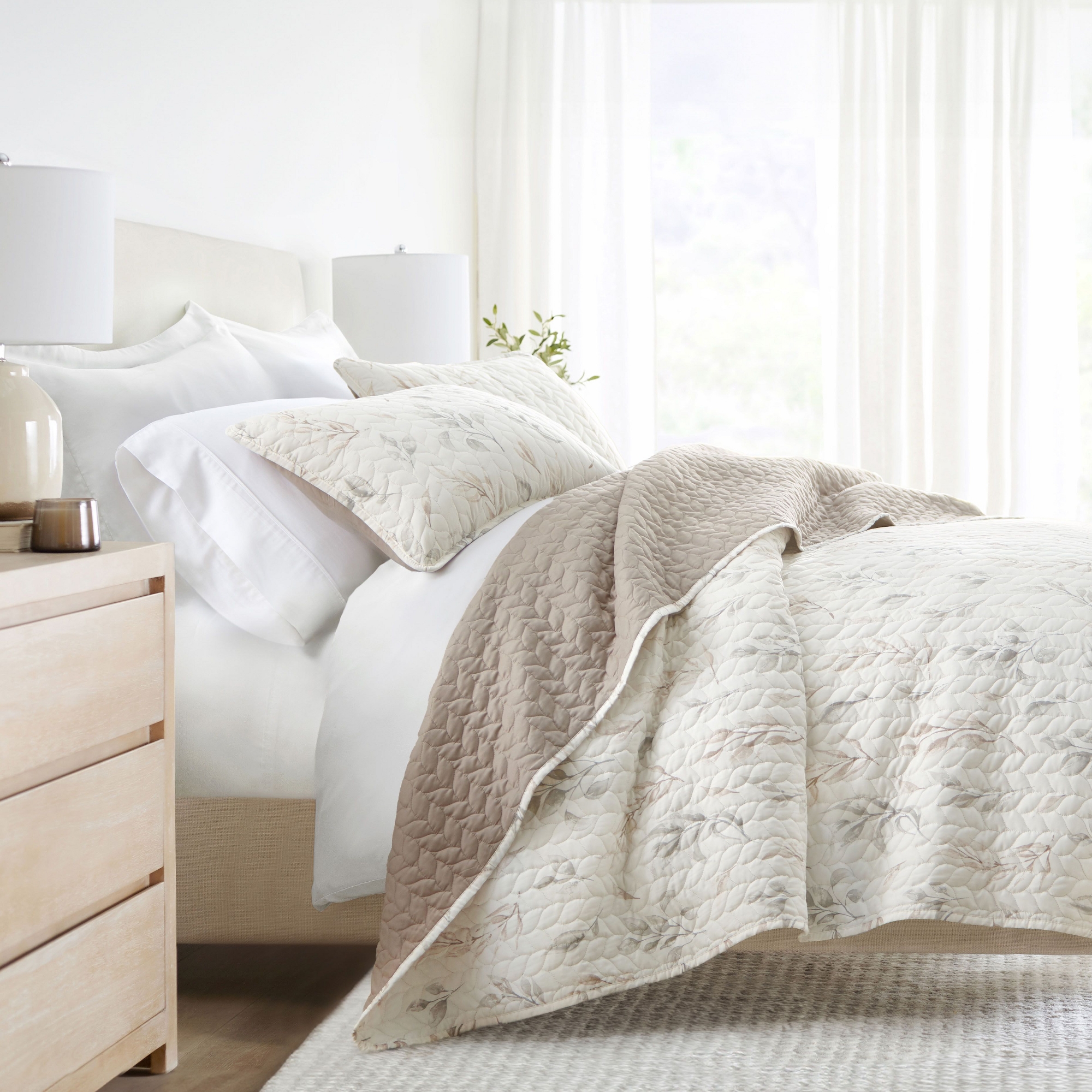 Geometric and Floral Modern Reversible Quilt and Shams Set - Becky Cameron, Watercolor Leaves Stripe / Latte, Full/Queen