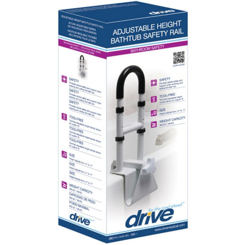 Drive Medical Clamp-On Adjustable Bathtub Grab Bar & Bathtub Safety Rail, White, 3 of 4