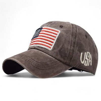 Alilang Denim Baseball Cap with USA Embroidery and American Flag Patch- One Size Fits Most, Brown