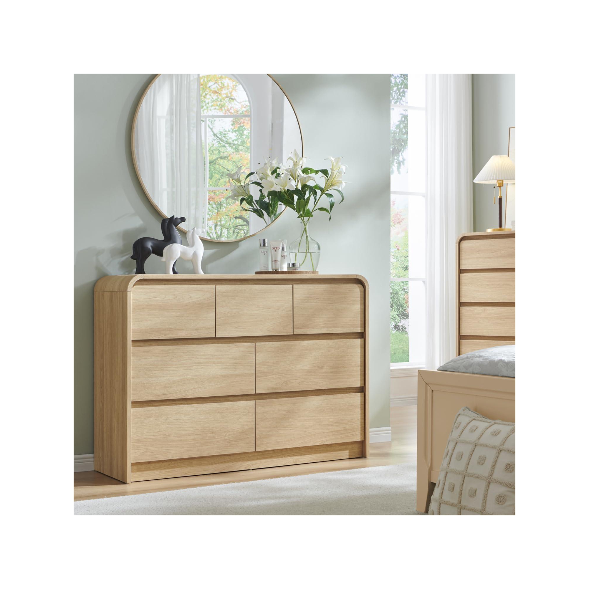 SinCiDo Modern 7 Drawers Dresser 47" Wide Chests of Drawers w/ Curved Profile Design Natural Texture for Bedroom, Living Room, Natural