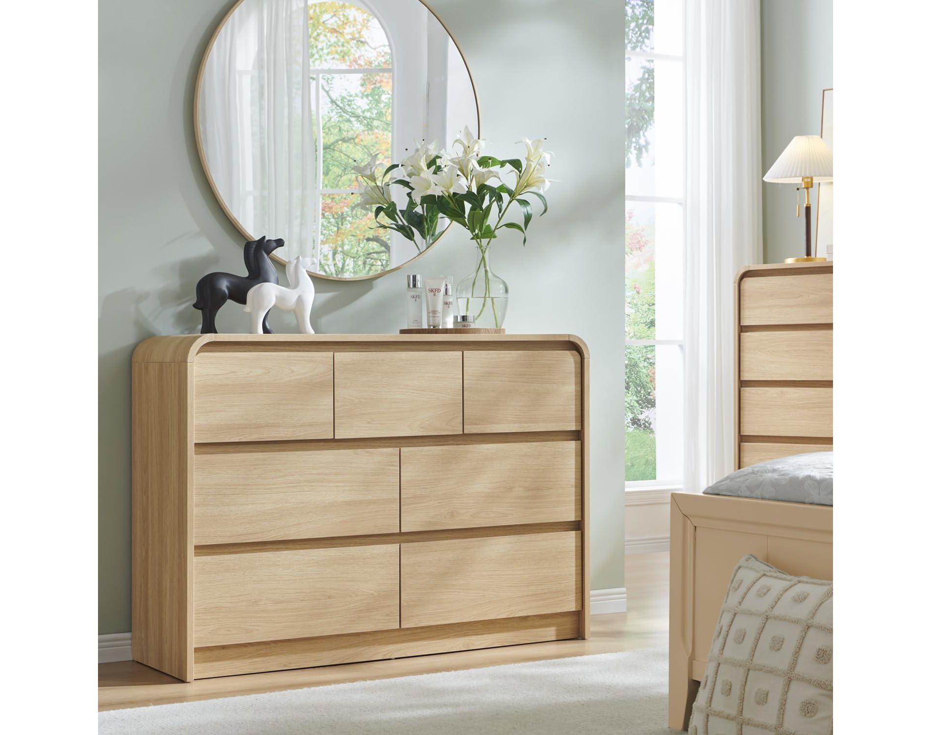 SinCiDo Modern 7 Drawers Dresser 47" Wide Chests of Drawers w/ Curved Profile Design Natural Texture for Bedroom, Living Room, Natural