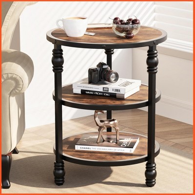 Homhougo Round End Table with Storage Shelves, 3-Tier Round Farmhouse Side Table w/Mental Support Legs, Rustic End Table Accent Nighstands Brown