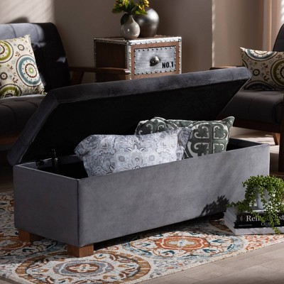 Gray Velvet Upholstered Grid Tufted Storage Ottoman Bench